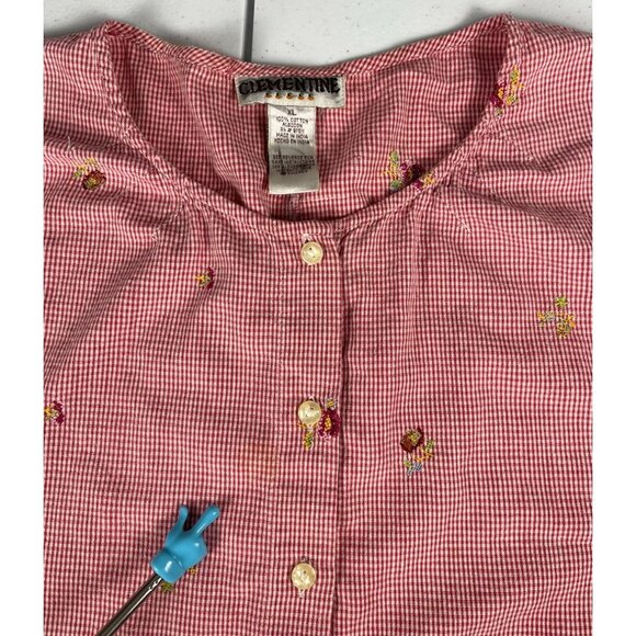 Vintage Clementine Plaid Blouse Women XL Red White Button Up Floral Embroidered - Picture 2 of 7